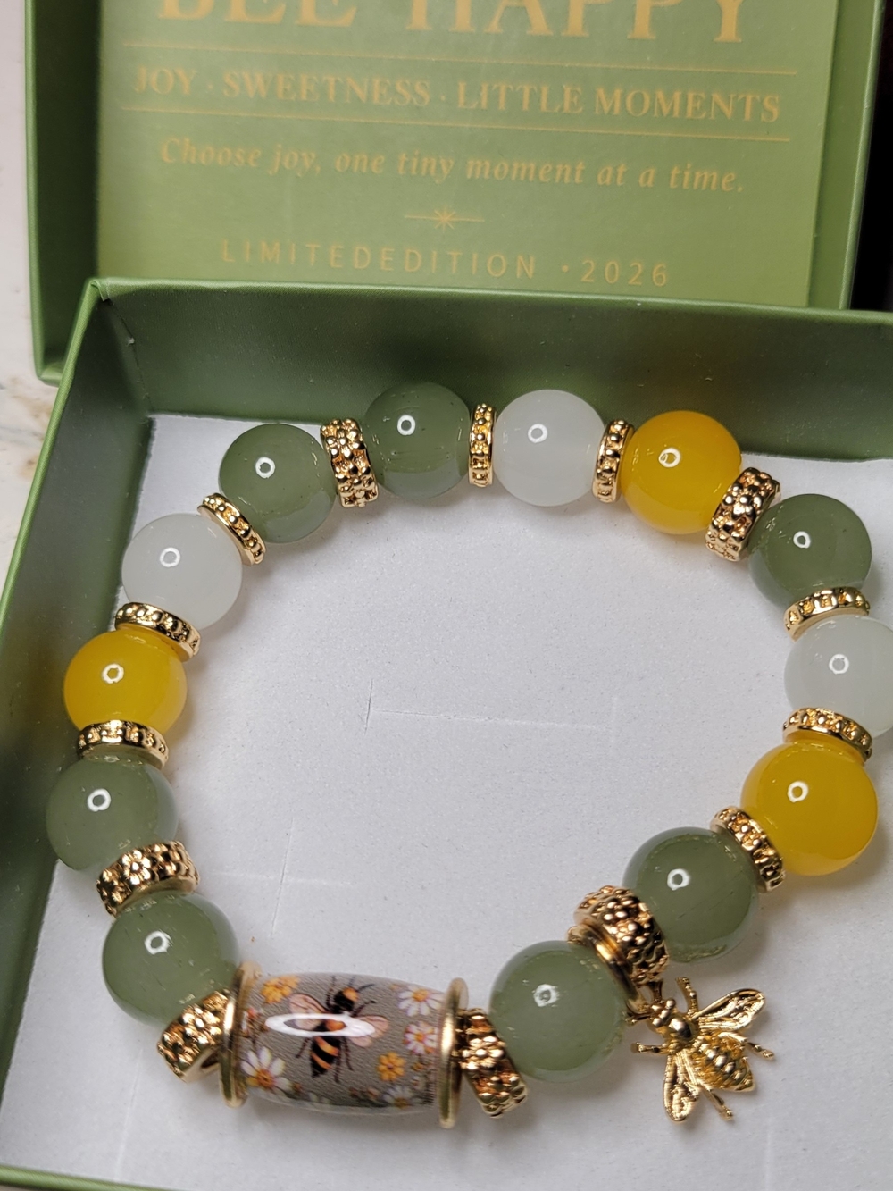 Bee Charm Green Yellow White Beaded Bracelet - Limited Edition